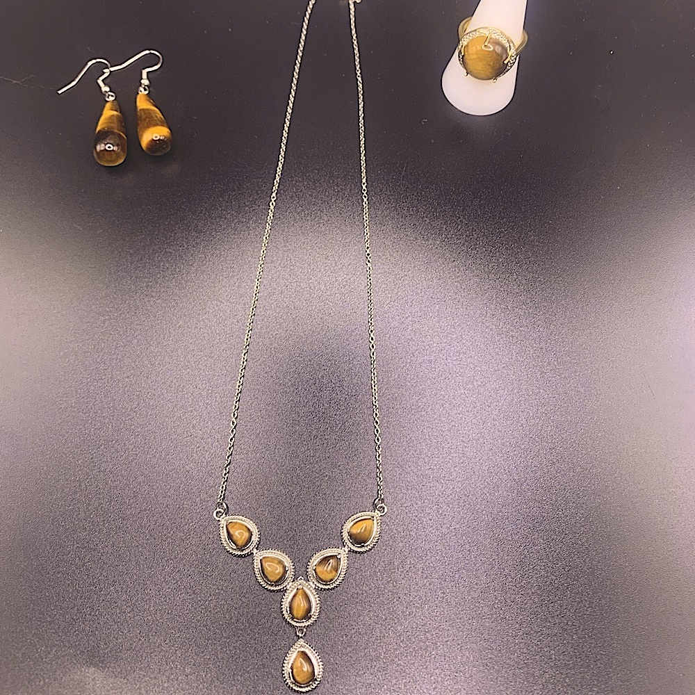 🔔 Tigers Eye Set with Necklace, Ring, and Earrings